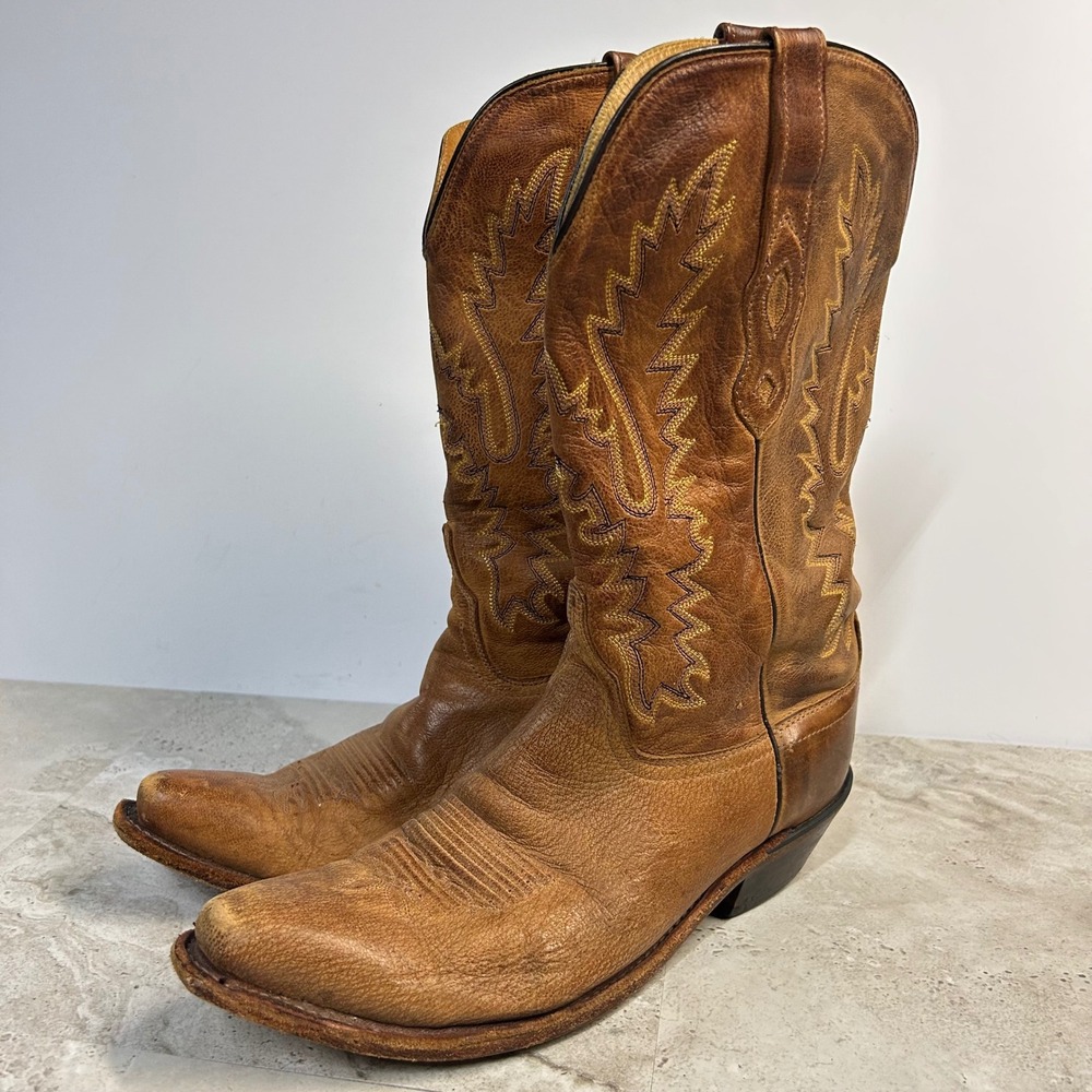 Old West Cowboy Boots Tan Leather Mens 8 Western Pointed Toe Distressed LF1529